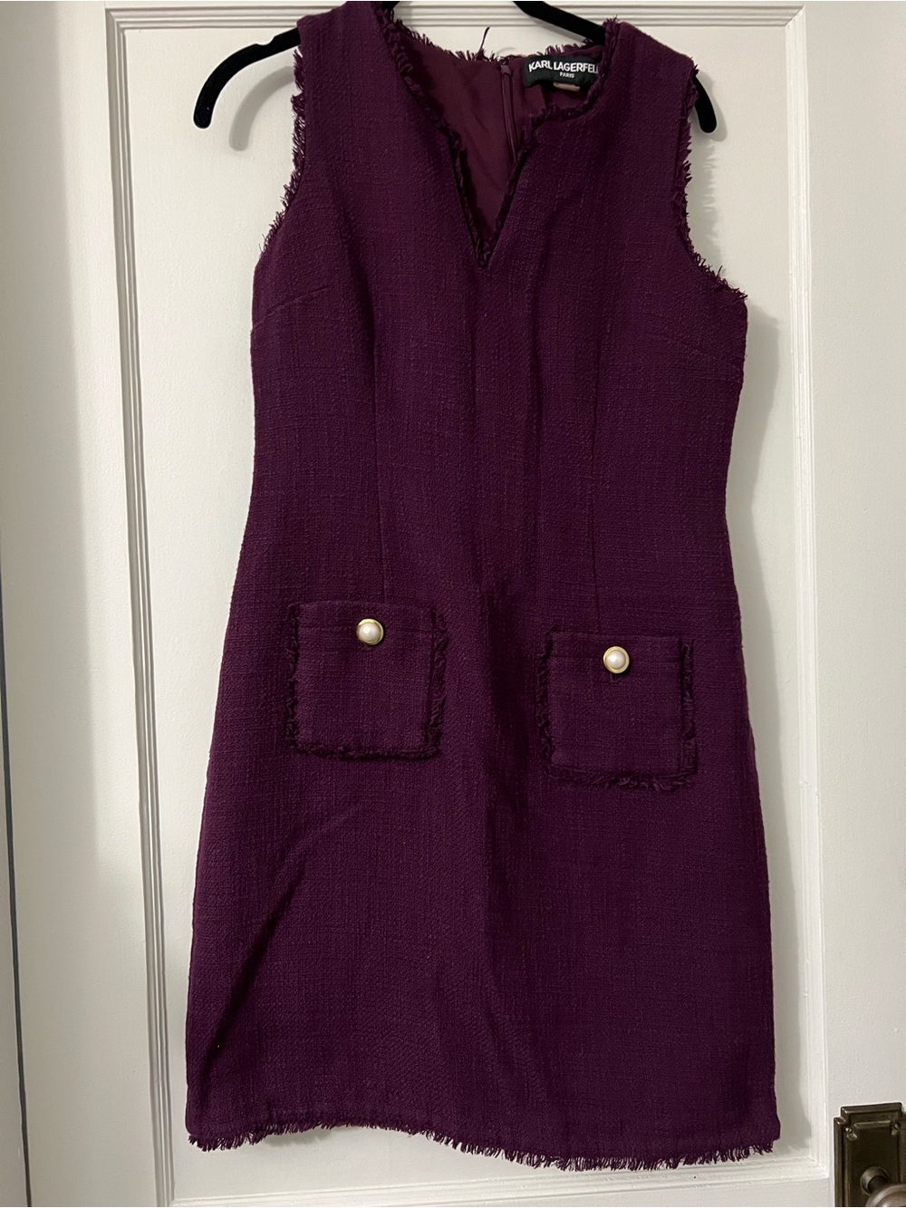 Karl Lagerfeld Plum Sleeveless Tweed Dress with Pearl Buttons